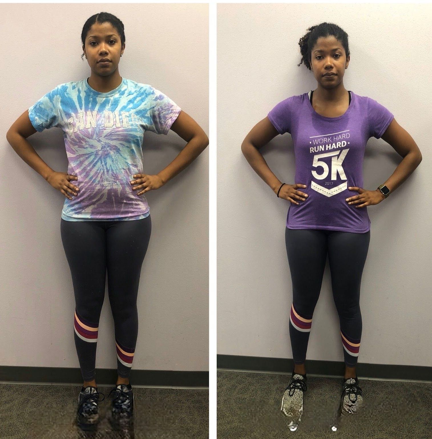 A woman wearing a 5k shirt is standing next to another woman wearing a tie dye shirt