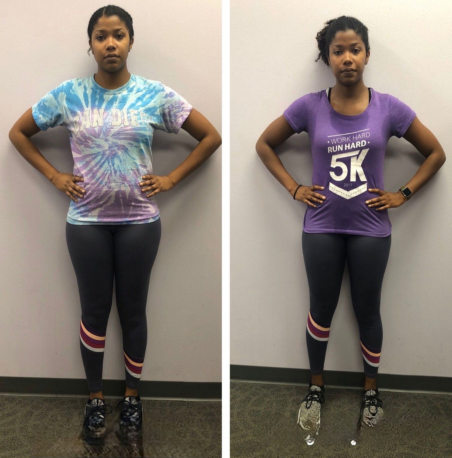 Two pictures of a woman wearing a 5k shirt