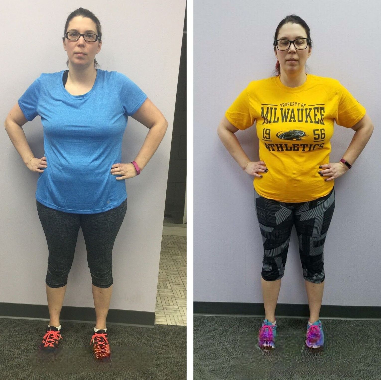A before and after photo of a woman wearing a milwaukee shirt