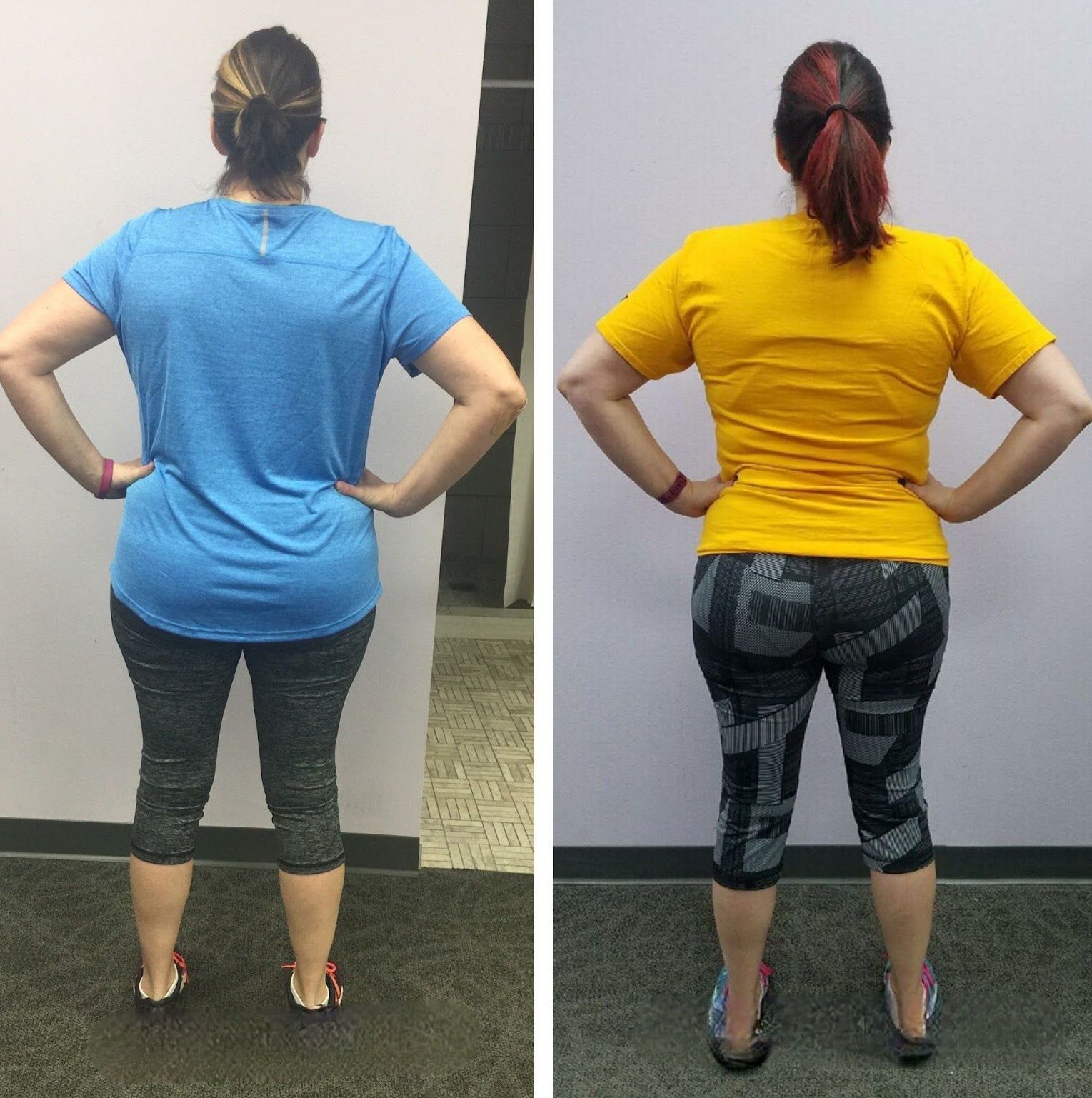 A woman in a blue shirt and a yellow shirt stands with her hands on her hips