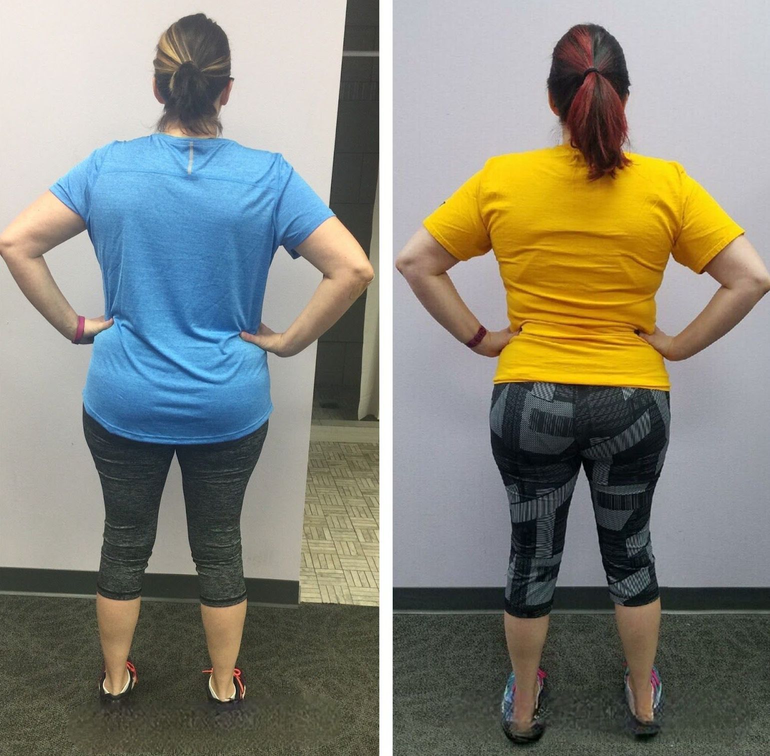 A woman in a blue shirt and a yellow shirt stands with her hands on her hips