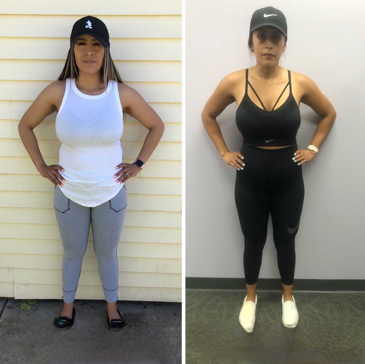 A before and after photo of a woman standing in front of a wall
