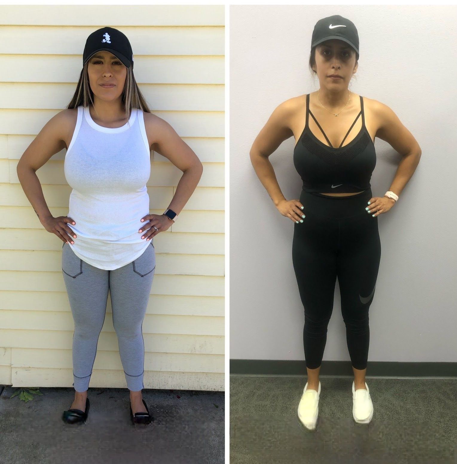A before and after photo of a woman wearing a nike hat