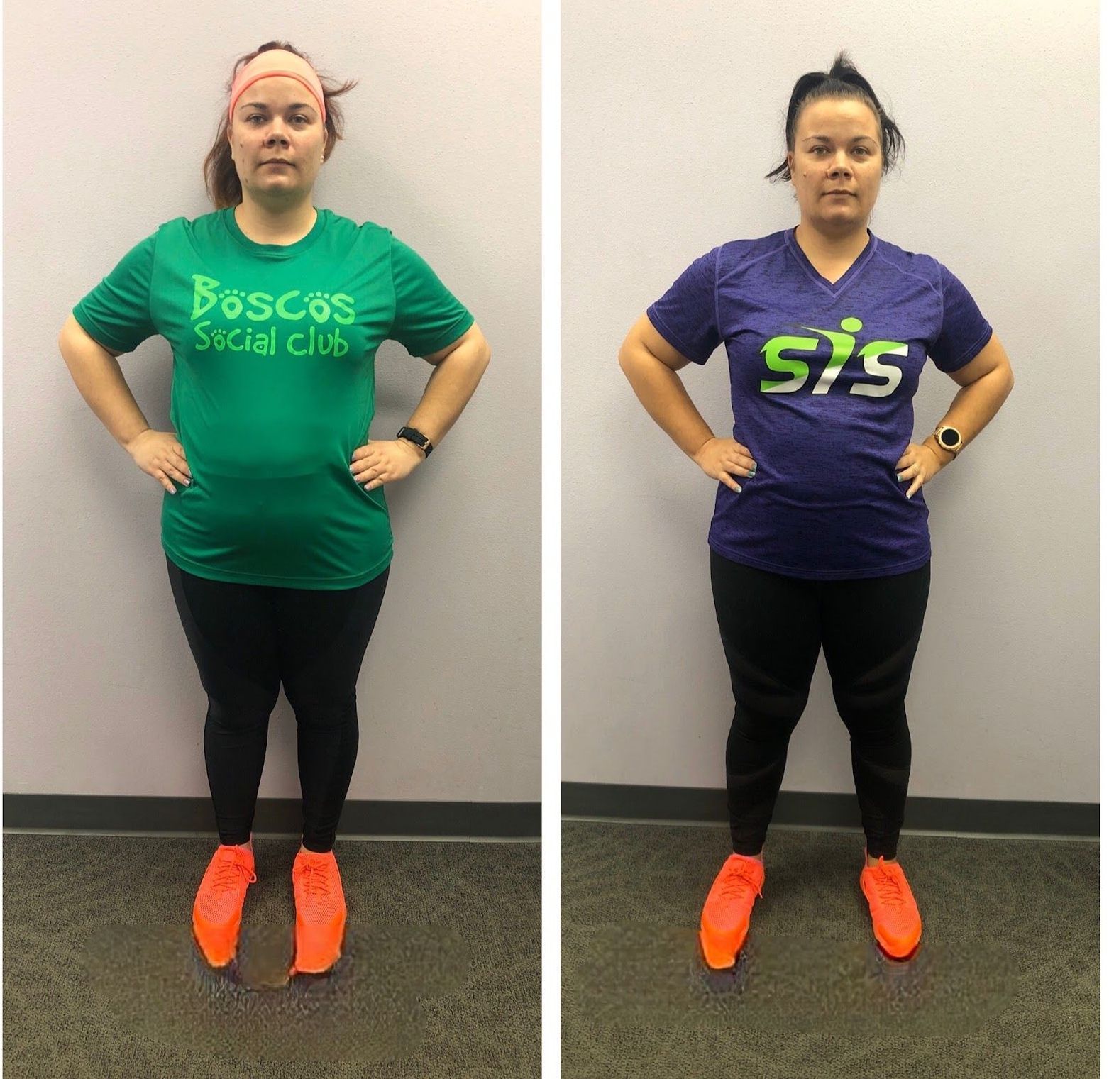 A before and after photo of a woman wearing a green shirt and a purple shirt that says sis