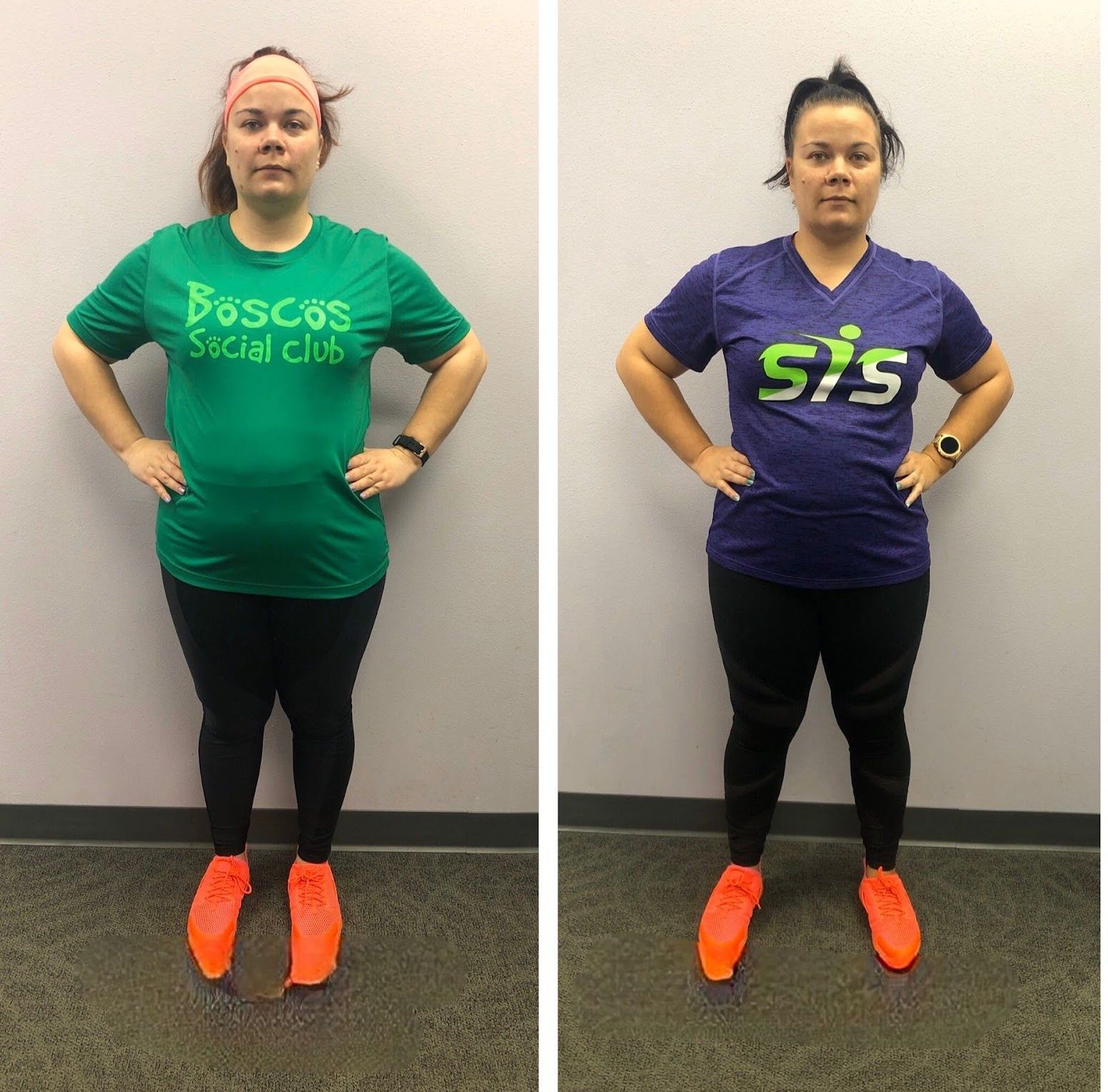A before and after photo of a woman wearing a green shirt and a purple shirt that says sis