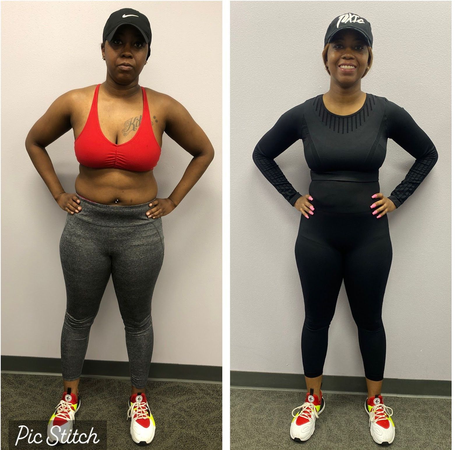 A before and after photo of a woman 's weight loss