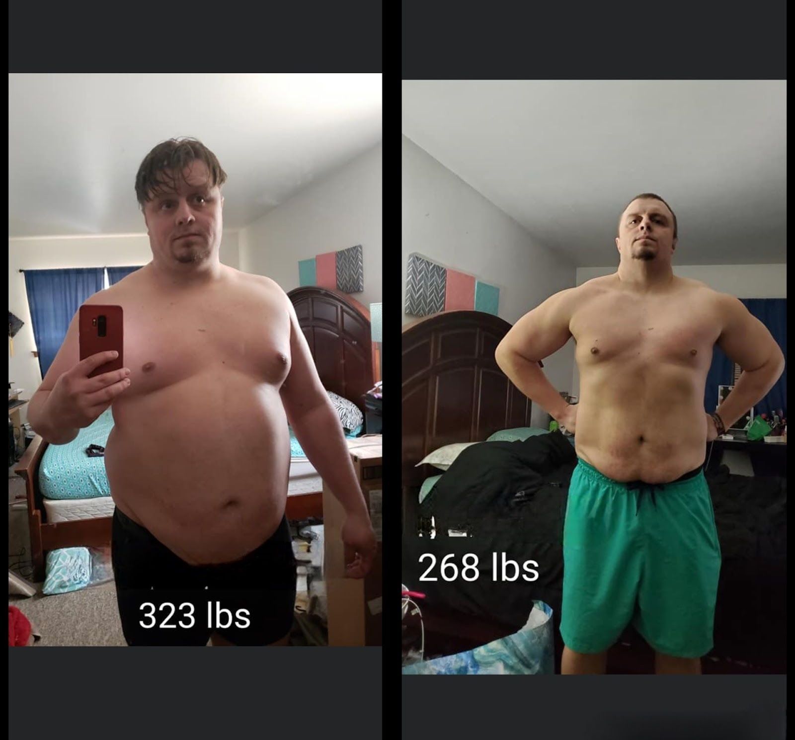 A man is taking a picture of himself before and after losing weight.