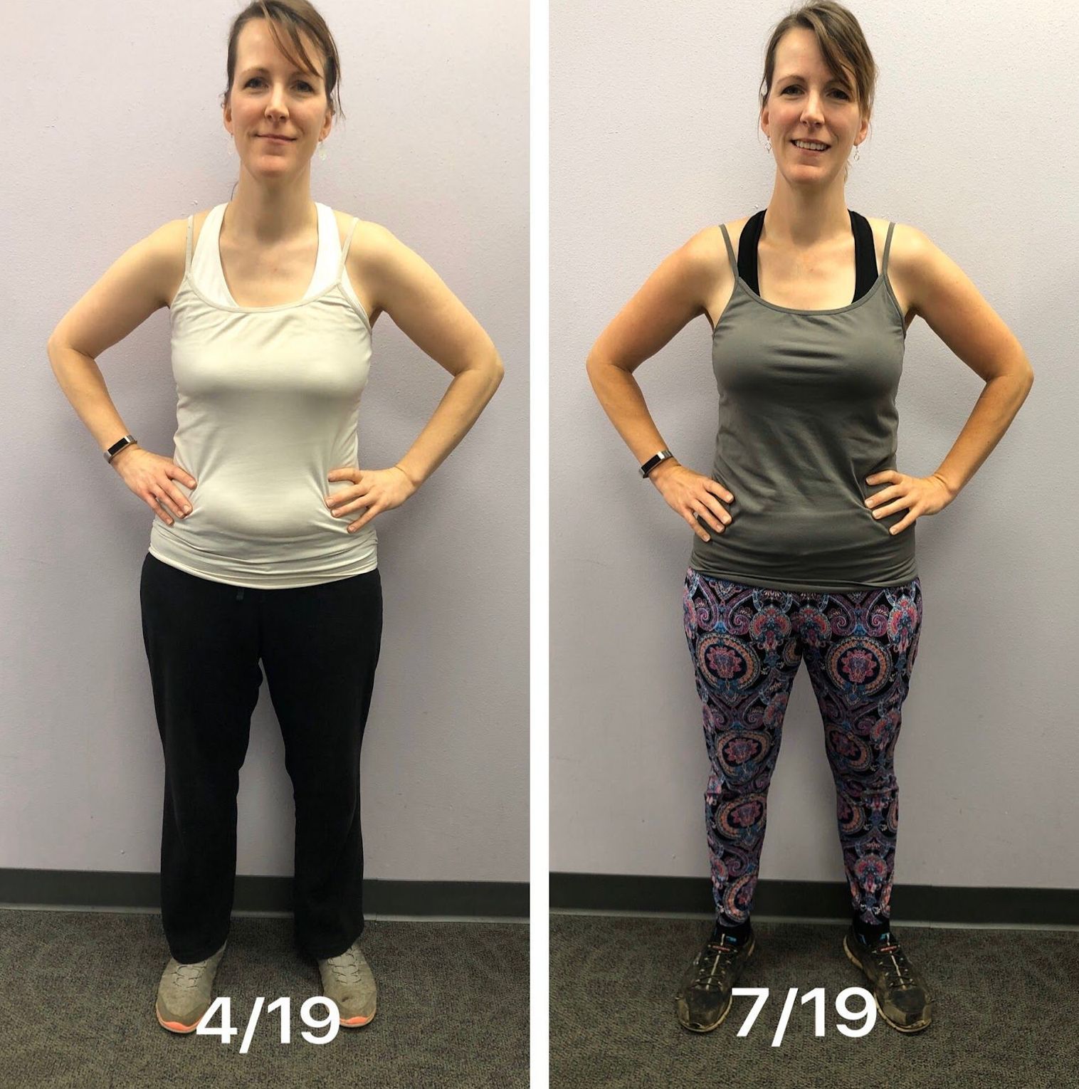 A before and after photo of a woman standing with her hands on her hips