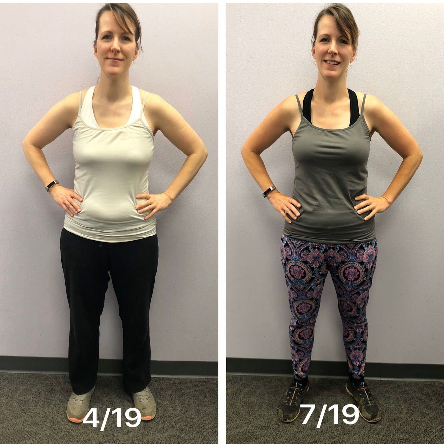 A before and after photo of a woman standing with her hands on her hips