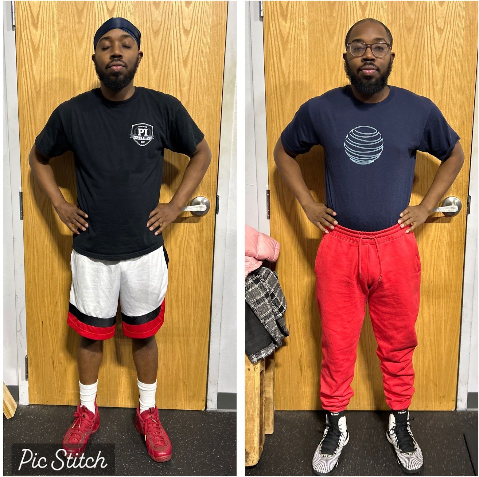 A before and after photo of a man standing in front of a door
