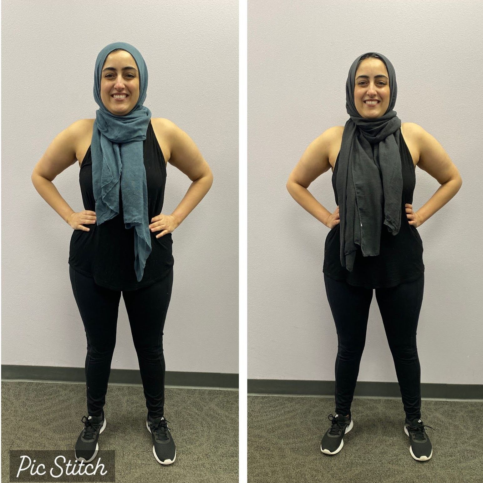 Two pictures of a woman wearing a scarf and a hijab