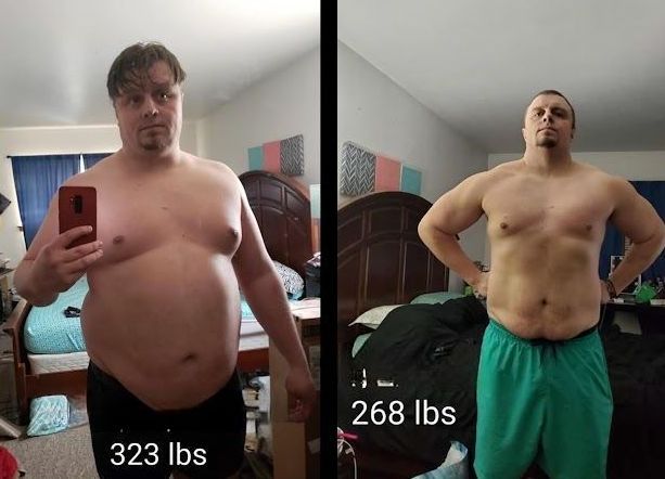 A man is taking a picture of himself before and after losing weight.