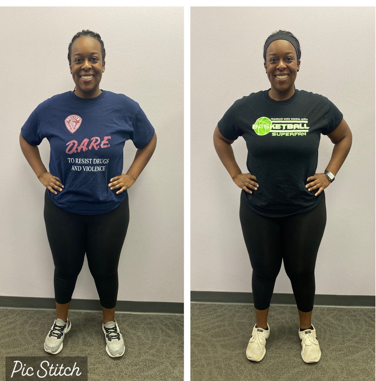 A before and after photo of a woman wearing a dare shirt
