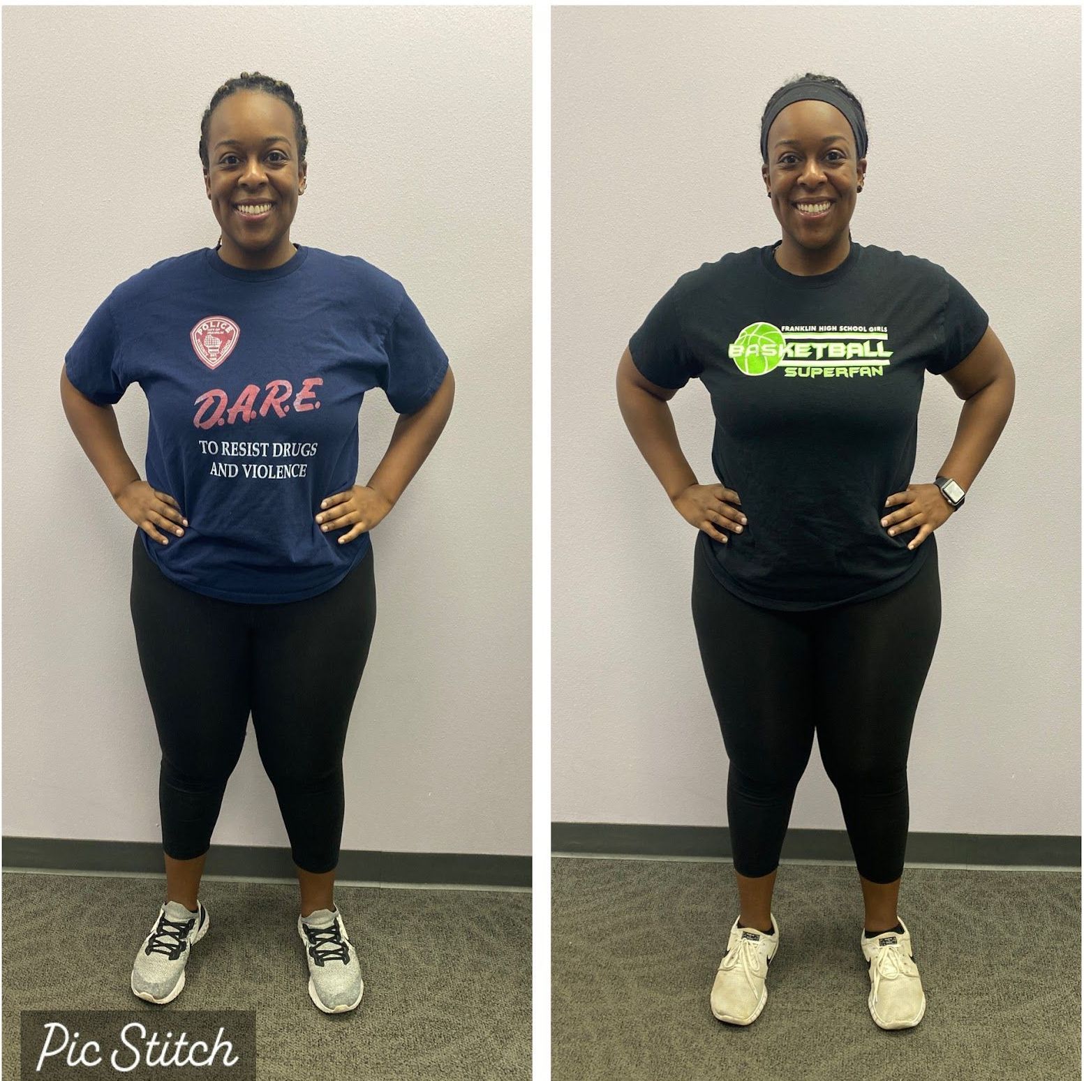 A before and after photo of a woman wearing a dare shirt