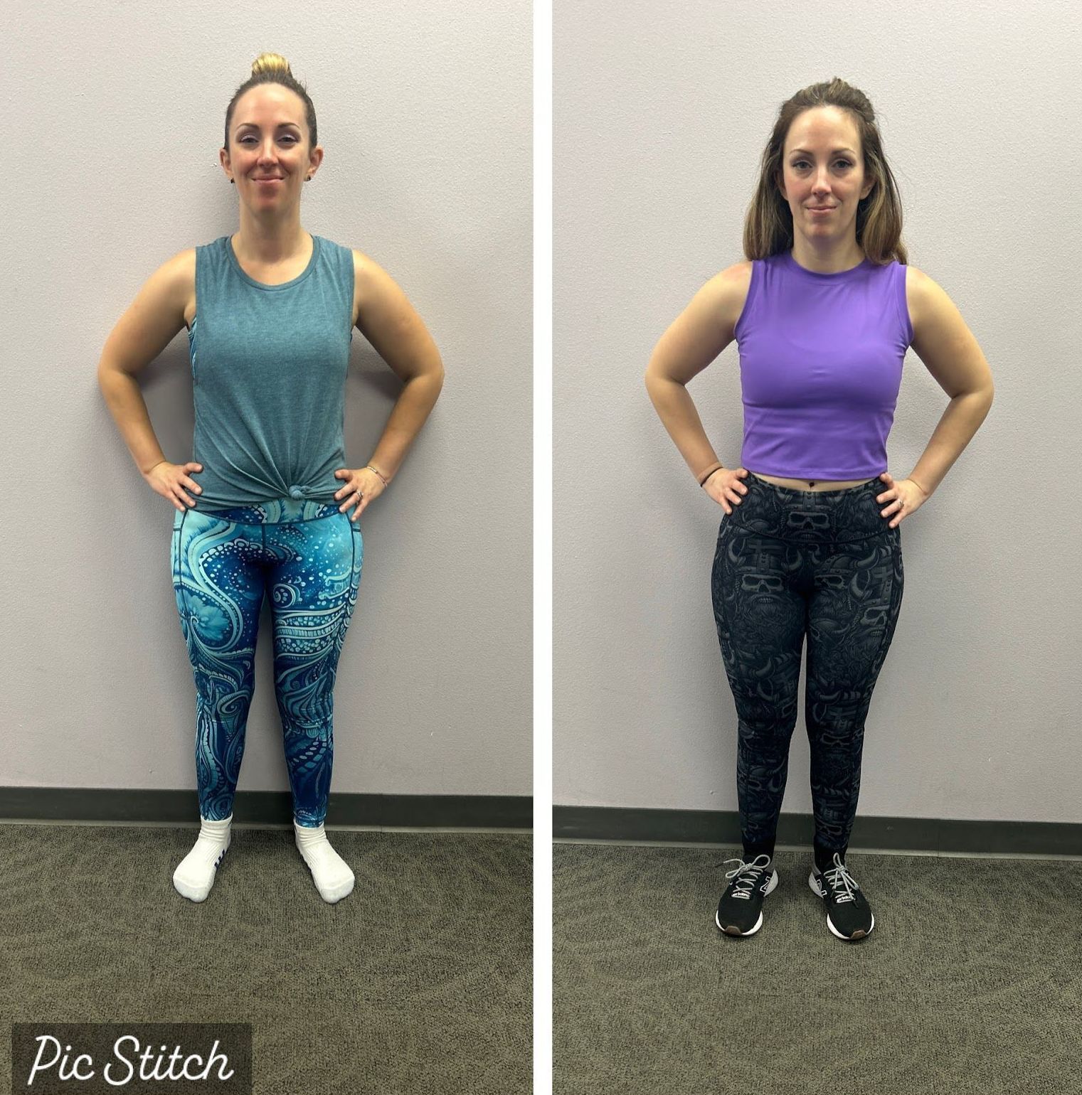 A before and after photo of a woman wearing leggings and a purple tank top