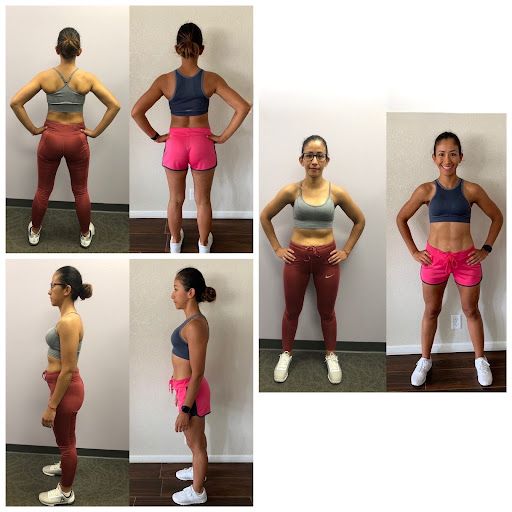 A collage of photos of a woman standing in different poses.