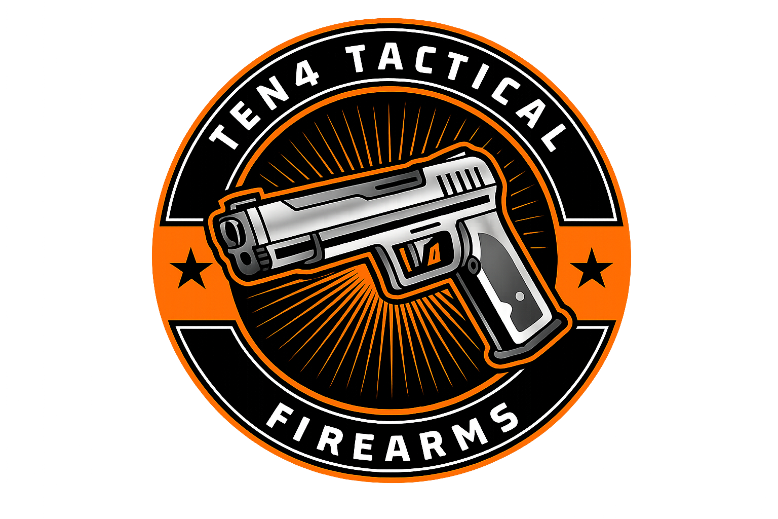 Ten4 Tactical Firearms Ten4 Tactical Firearms logo with a gray handgun on an orange and black circular emblem