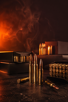 Ammunition Bullets and ammunition boxes on a dark surface with warm orange smoke in the background