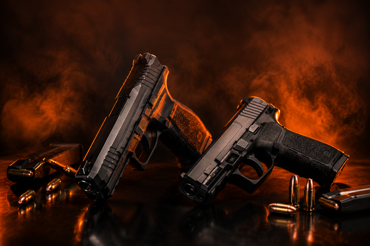 Handguns Two handguns on a reflective surface with fiery orange smoke in the background