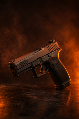 Hundgun Handgun standing upright on a dark reflective surface with fiery orange background