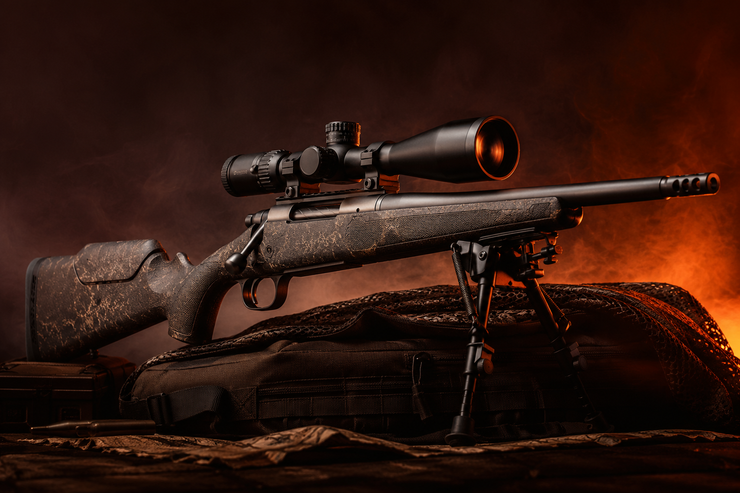 firearms Muskogee Oklahoma Bolt-action sniper rifle with scope resting on a log, lit by orange firelight against a dark smoky background
