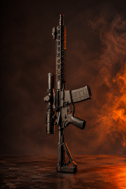 Long Gun Tactical rifle standing upright against a smoky black-and-orange background