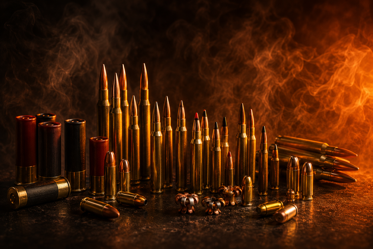 muskogee ammo Neon-orange glowing bullets and cartridges arranged on a dark, smoky surface