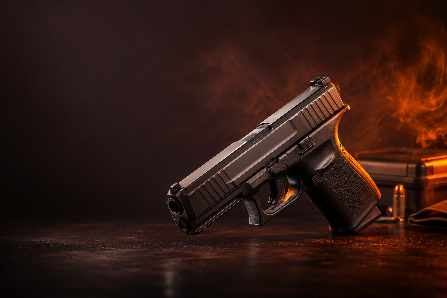 Handguns Muskogee Oklahoma Handgun on a dark reflective surface, lit by orange flames in a smoky background