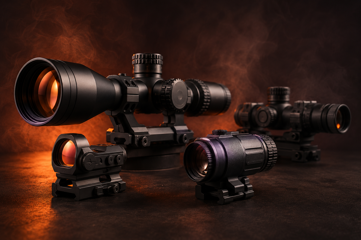 optics muskogee ok Assorted rifle scopes and optics displayed on a dark surface with warm orange lighting