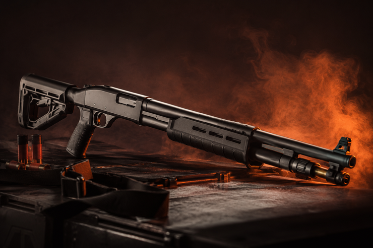 firearms Muskogee Oklahoma Pump-action shotgun on a dark surface with orange flames in the background