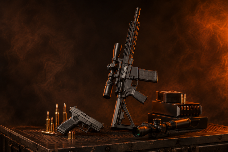 tactical firearms muskogee ok Assault rifles and magazines on a dark, smoky surface with orange embers glowing in the background