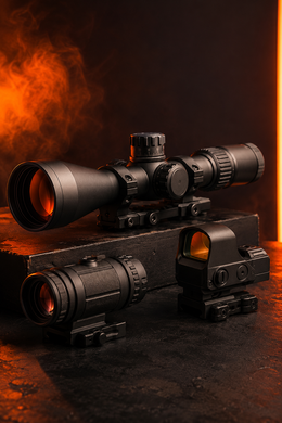 Optics Two black riflescope-style optics on a dark surface with orange smoke and glowing light accents