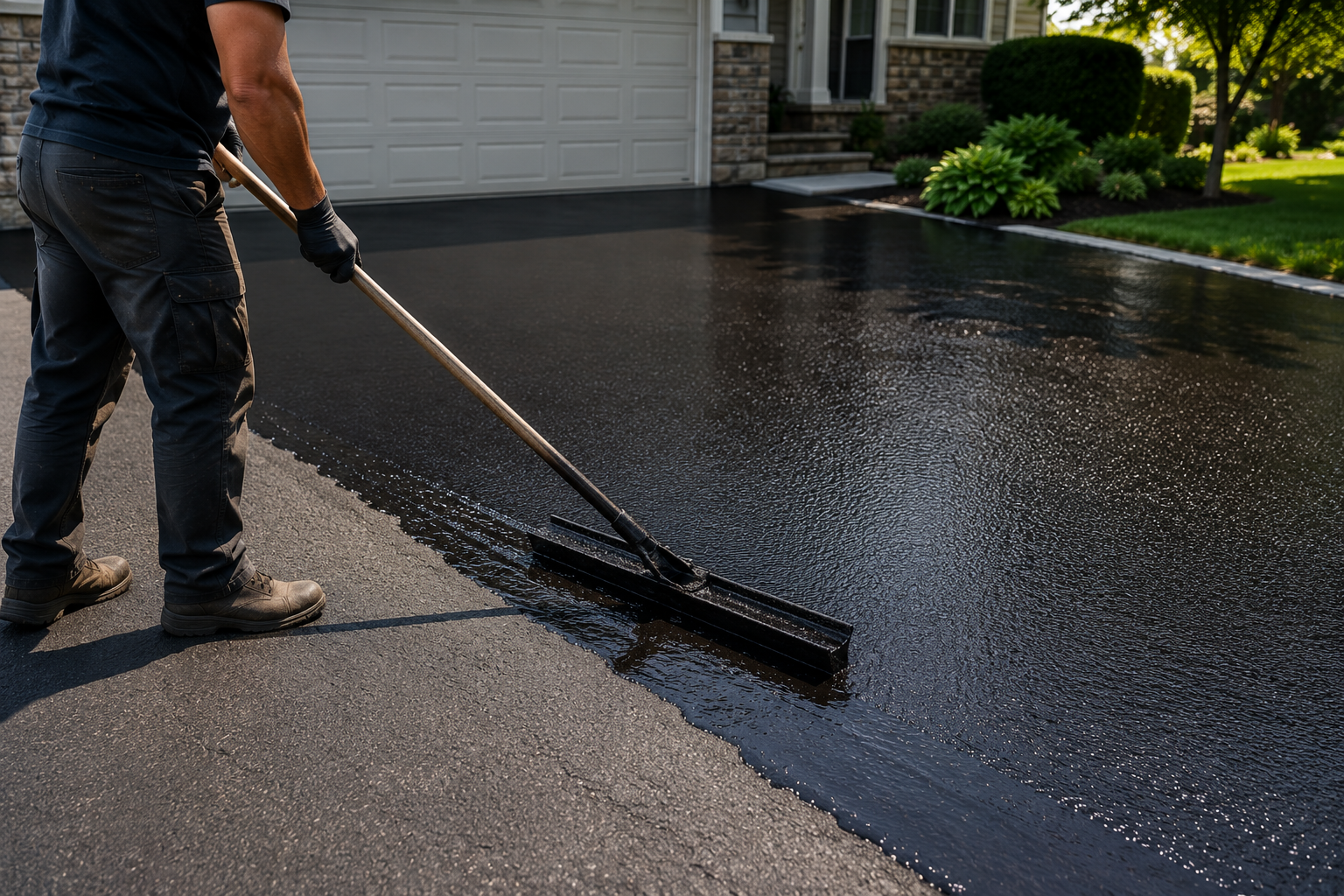 Person spreading black coating across a driveway with a long squeegee outside a house
