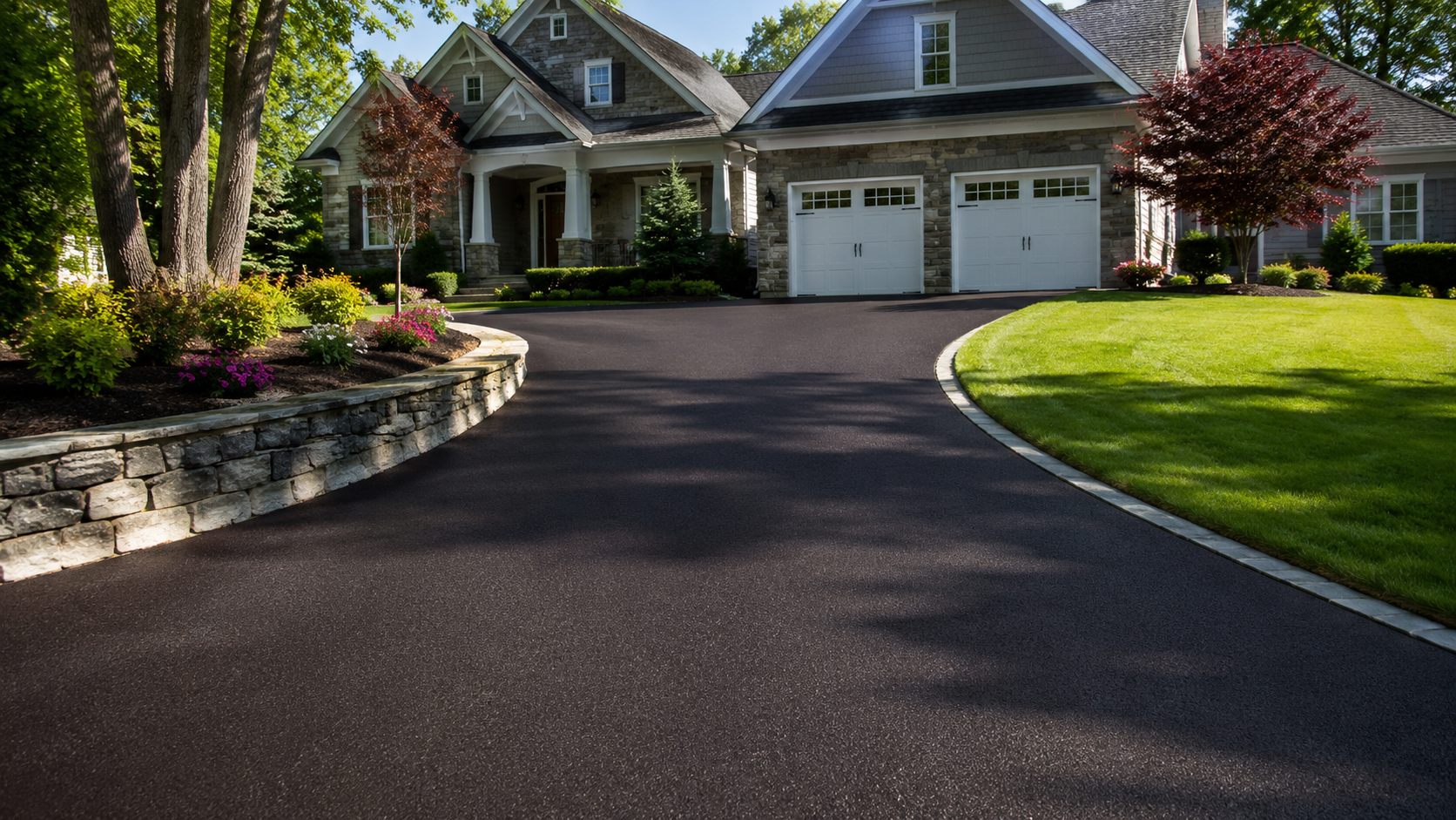 Dark asphalt patch on a light concrete surface, forming a diamond shape near a corner line.