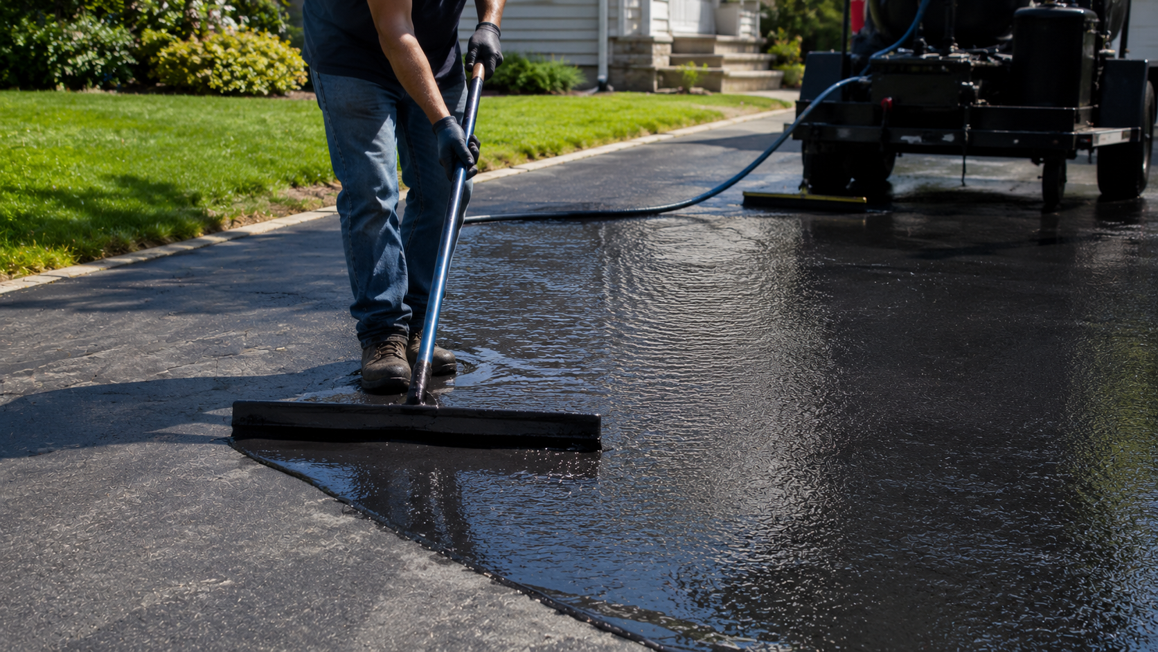 Worker squeegeeing wet blacktop near a paving machine on a sunny street.