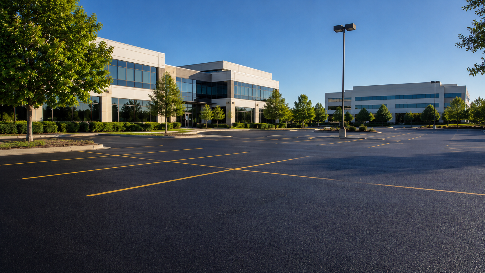 An empty parking lot with bright yellow painted lines marking rectangular parking spaces under a clear sky.
