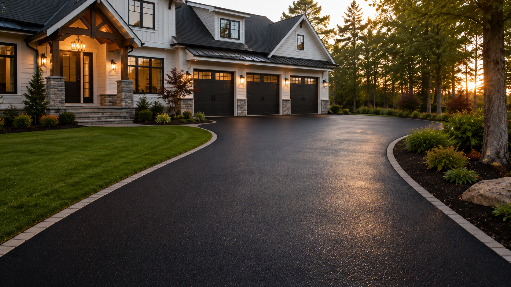 Large modern house with lit windows and a curved driveway at sunset