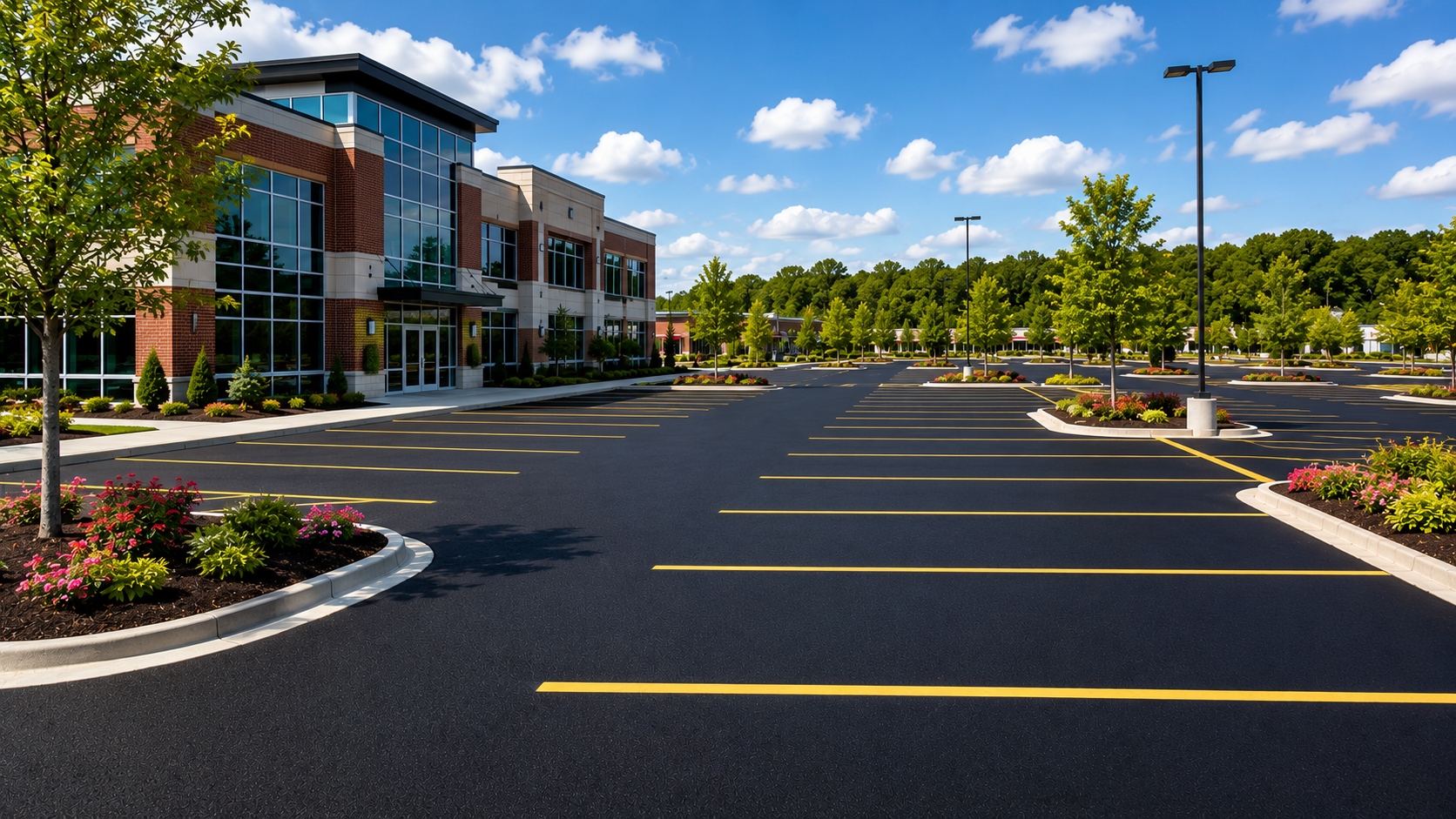 A freshly paved, dark asphalt parking lot at night, illuminated by overhead lights with trees in the background.