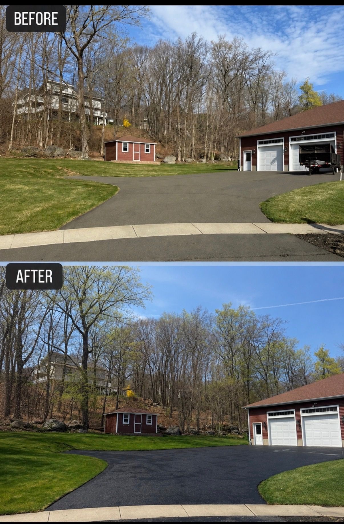 Before-and-after driveway resurfacing near a house, with a darker paved driveway in the after image.