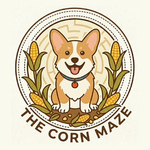 Logo of a smiling corgi in a corn wreath with “THE CORN MAZE” text