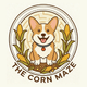 Logo of a smiling corgi in a corn wreath with “THE CORN MAZE” text