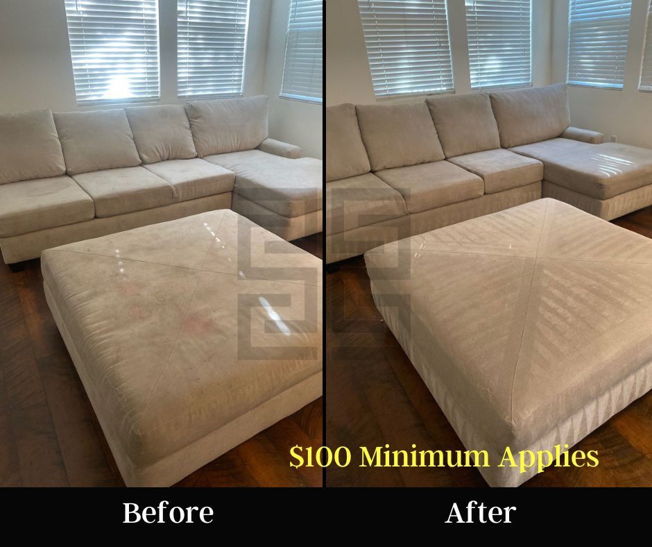 Technician cleaning a bright living room carpet with a floor machine
