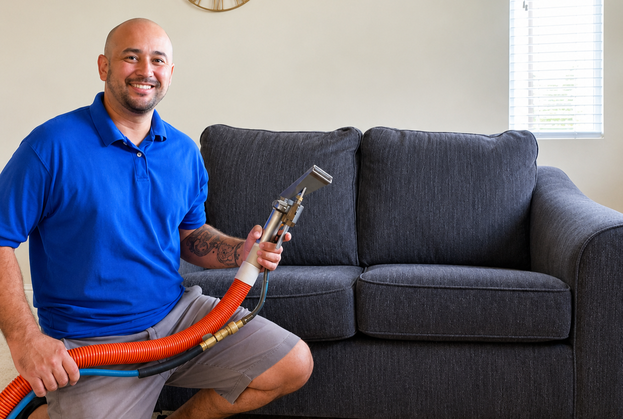 Man kneeling beside a gray couch, holding a carpet cleaning hose with red and orange tubes