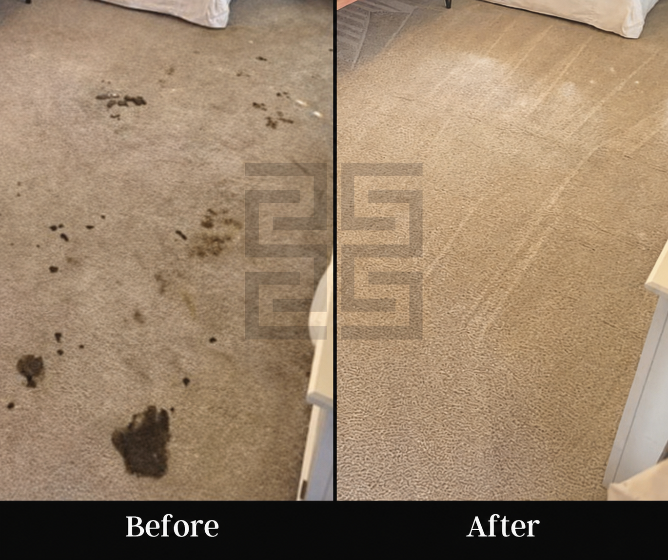 Technician cleaning a bright living room carpet with a floor machine