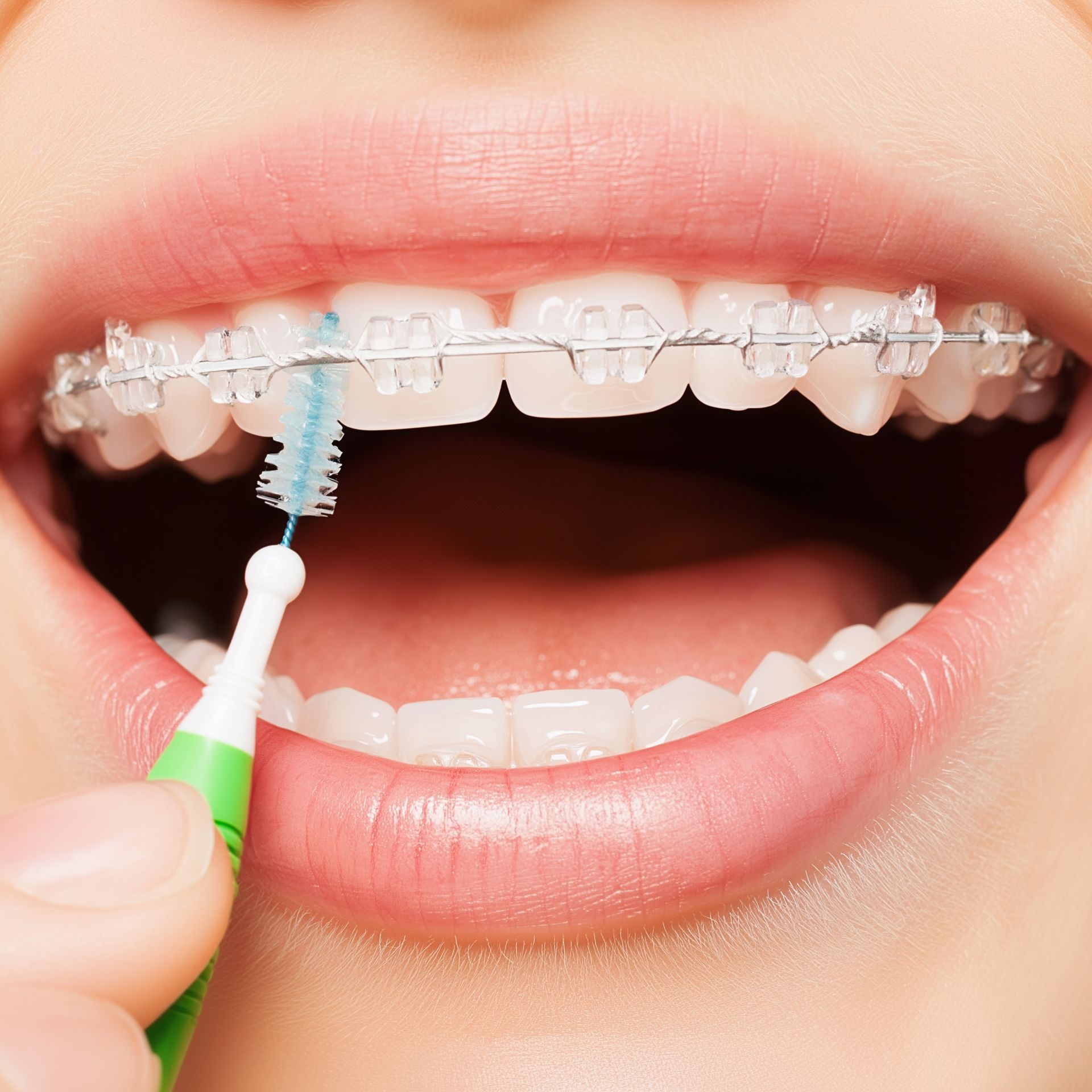 Close-up of tooth-colored clear ceramic braces on a Brodsky Orthodontics patient