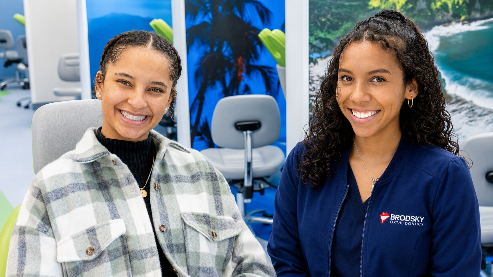 Teen clear-braces patient with a Brodsky Orthodontics clinical assistant in the Lakewood orthodontic office