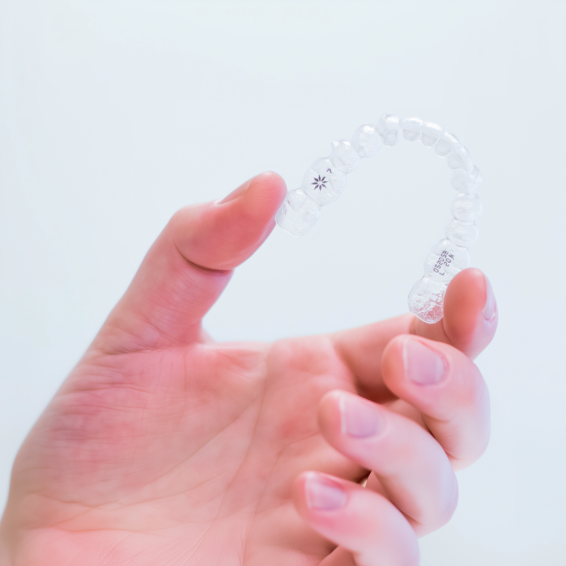 Hand holding a clear Invisalign aligner