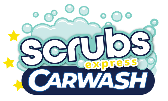 bLUE CAR IN ROUND EBLEM, SCRUBS CAR WASH LOGO ATLANTA
