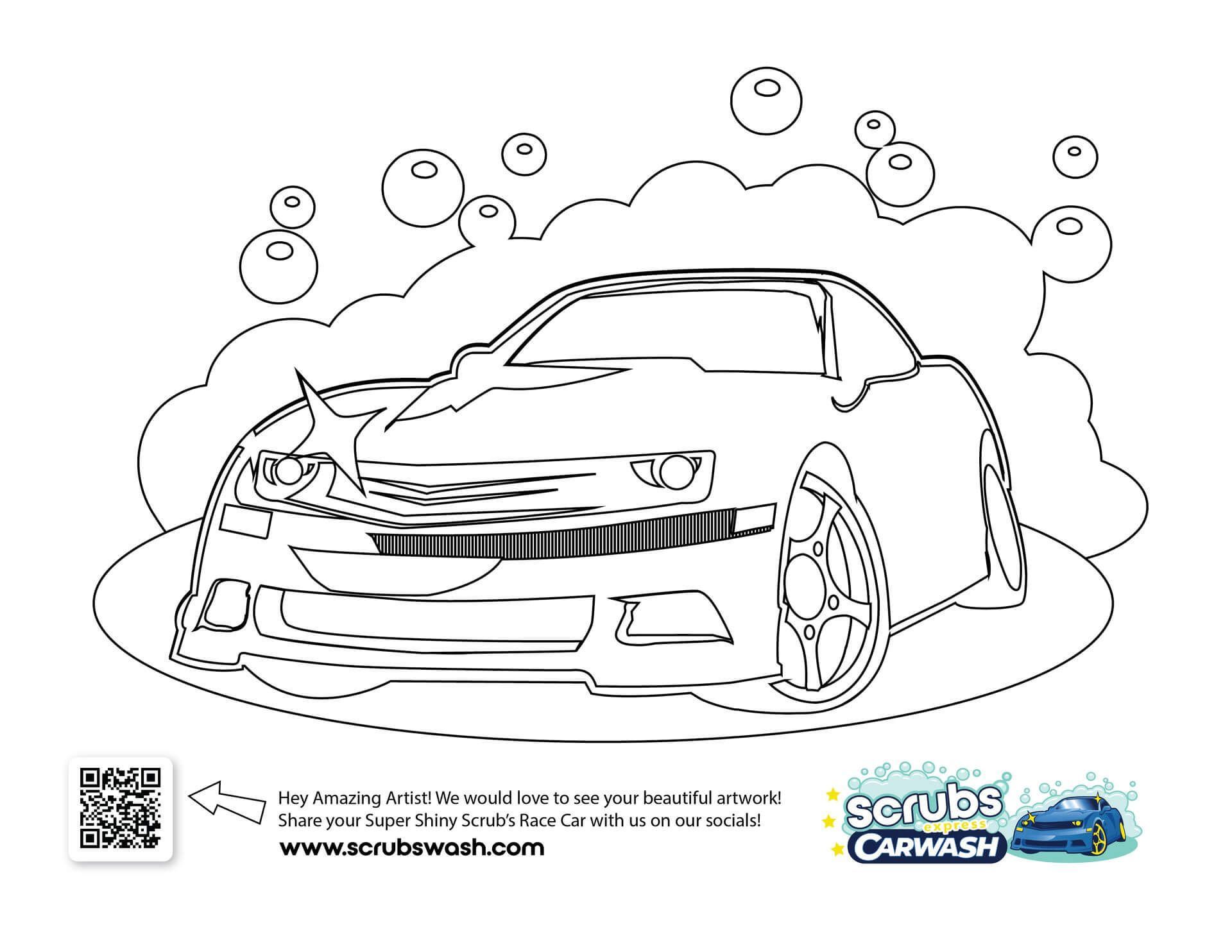 Free printable Scrubs Car Wash coloring page featuring a bubbly car design. Fun for kids and adults to download and color.