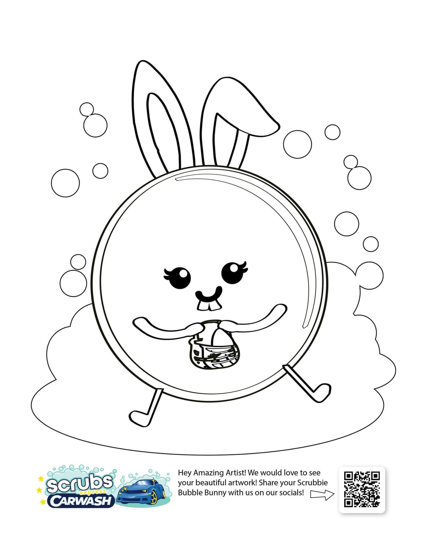 Free Scrubbie Bubble Easter coloring page with bunny ears. Fun printable download from Scrubs Car Wash.